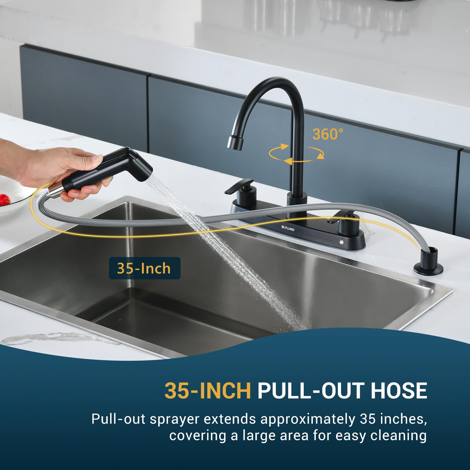 Blylund Kitchen Faucets With Side Sprayer, Matte Black High Arc 8 Inch Centerset 4 Hole Kitchen Faucet 2 Handle Stainless Steel